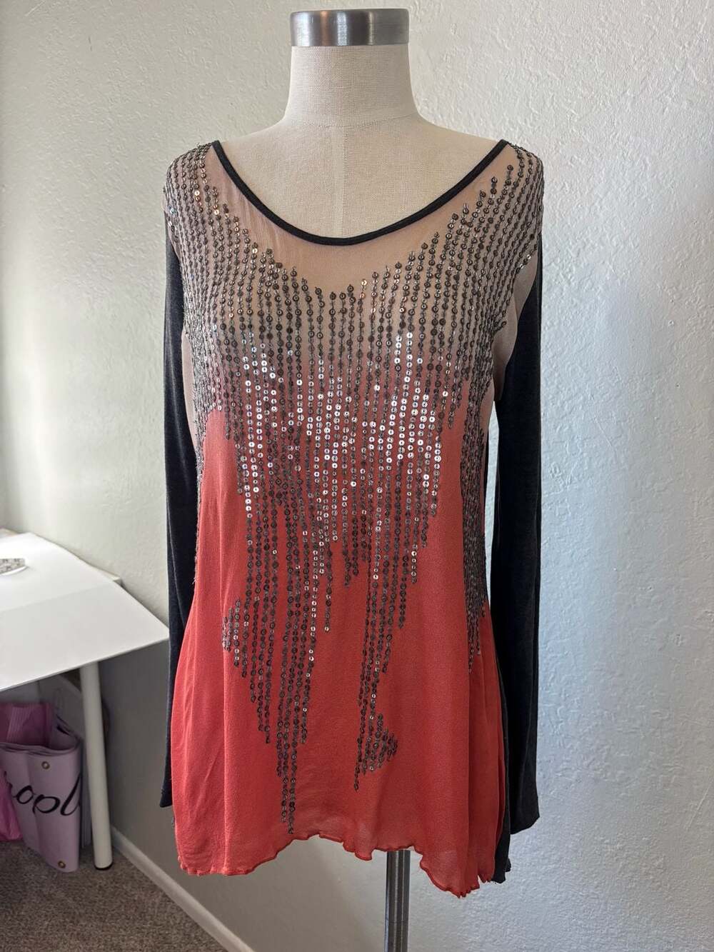 Yoana Baraschi Sequined Ombre Long Sleeve Tunic Top Size M